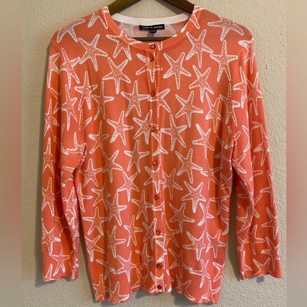Cable & Gauge Starfish Print Salmon Pink Cardigan Size XL
